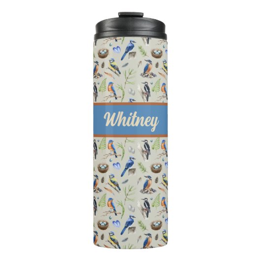 Bird Pattern Kingfisher, Blue Jay, Woodpecker Name Thermosbecher (Vorderseite)