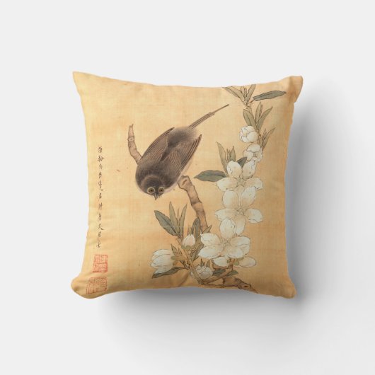 Bird & Peach Blossoms Ming Dynastie Orientale Kuns Kissen (Vorderseite)
