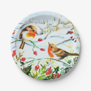 Bird Robin Couple Winter Weihnachten Pappteller