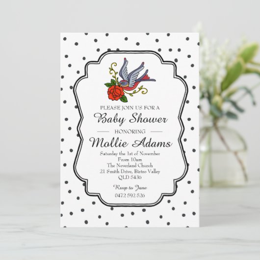 Bird Rockabilly Baby Dusche Einladung (Stehend Vorderseite)