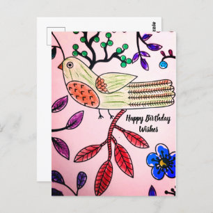 BIRD TREM PINK ORANGE BLUE Kolorbook Postcard Postkarte