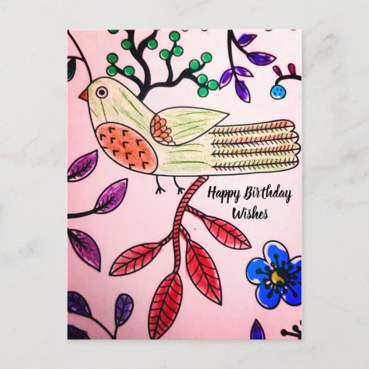 BIRD TREM PINK ORANGE BLUE | Kolorbook Postcard Postkarte (Vorderseite)