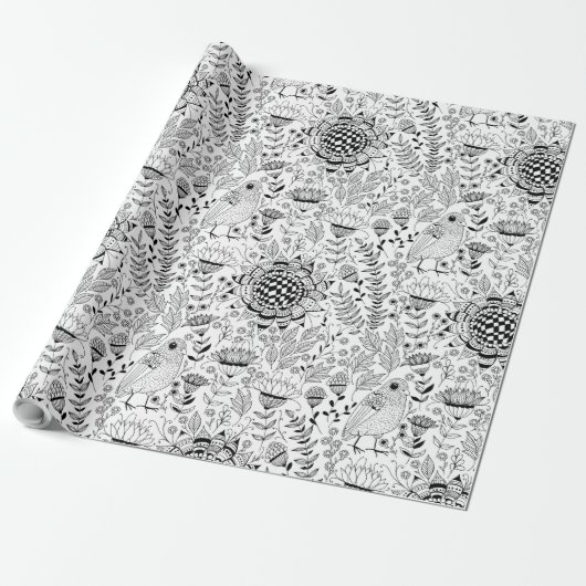 Bird und Blume-Doodle-Verpackungspapier Geschenkpapier (Ungerollt)