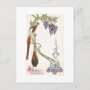 Bird, Vase und Wisteria Jugendstil Neues Jahr Feiertagspostkarte
