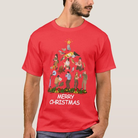 Bird Watching Christmasree Frohe Weihnachtsfrau T-Shirt (Vorderseite)