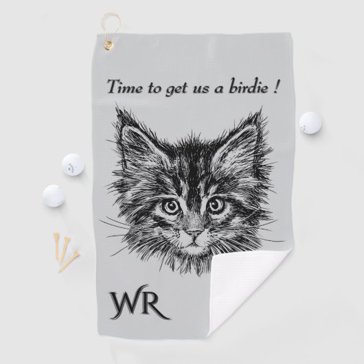 Bird Watching Kitten Face Funny w Monogram grey Golfhandtuch (Insitu)