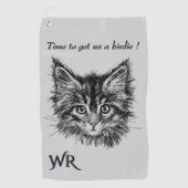 Bird Watching Kitten Face Funny w Monogram grey Golfhandtuch (Vorderseite)