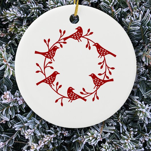 Bird Wreath Red auf White Modern Scandi Keramik Ornament