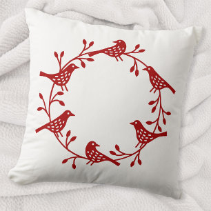 Bird Wreath Red auf White Modern Scandi Kissen