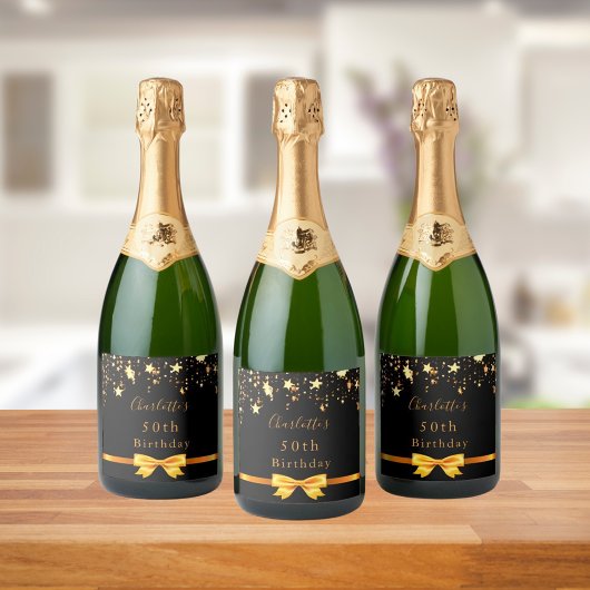 Birday Party schwarze goldene Sterne Moderne Elega Schaumweinetikett