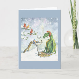 Birdbath Holiday Dragon- Greeting card Feiertagskarte