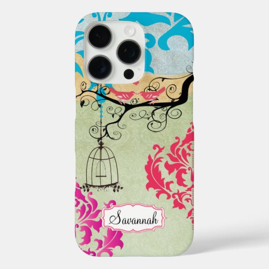 Birdcage Bird Pink Coral Aqua Damask Case-Mate iPhone Hülle (Rückseite)