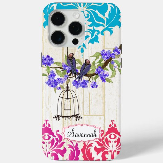 Birdcage Bird Pink Coral Aqua Damask iPhone Case (Rückseite)