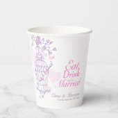 Birdcage Hochzeit individuelle Name rosa und weiß Pappbecher (Rückseite)