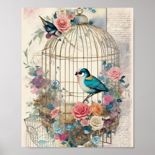 Birdcage Mixed Media Collage Ephemere Decoupage Poster (Vorne)