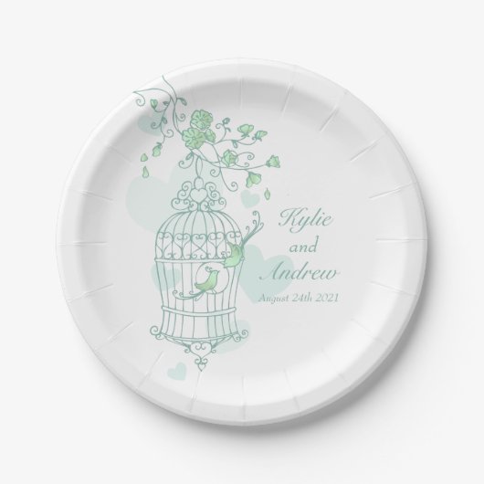 Birdcage-Vögel Hochzeitsvögel, grüne Papiertüte Pappteller (Vorderseite)