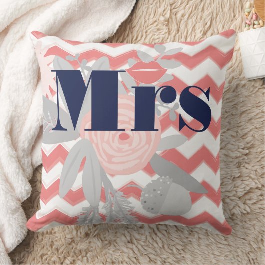 Birde Mrs Lips Navy Coral Gray Zig Zag Floral Kissen (Decke)