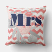 Birde Mrs Lips Navy Coral Gray Zig Zag Floral Kissen (Vorderseite)