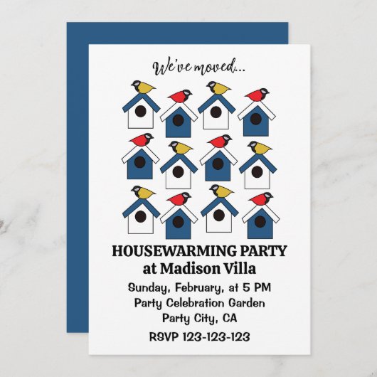 Birdhouse farbenfrohe Vögel Wir haben das Geburtsh Einladung (Vorne/Hinten)