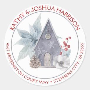 Birdhouse Poinsettias Berries Rücksendeadresse   Runder Aufkleber