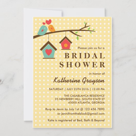 Birdhouse und Love Birds Polka Dots Einladung (Vorderseite)