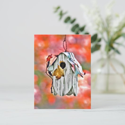 Birdhouse und Wren Postkarte (Stehend Vorderseite)