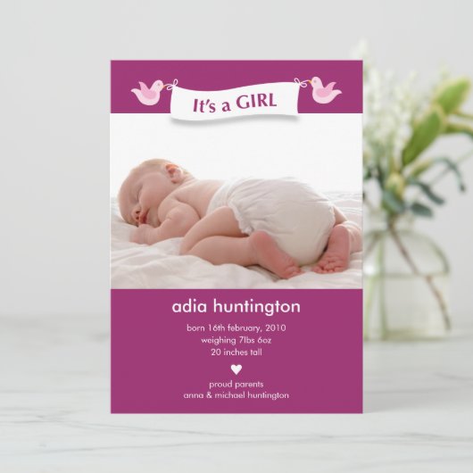 Birdie Banner Baby Foto Geburtsankündigung Ankündigung (Stehend Vorderseite)