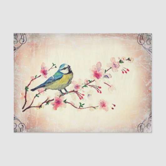 Birdie in Cherry Blossom Tree Decoupage Seidenpapier (Vorderseite)