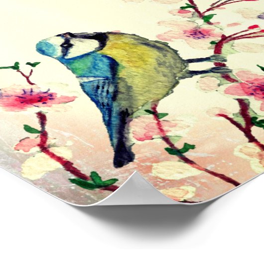 Birdie in Cherry Blossom Tree Poster (Ecke)
