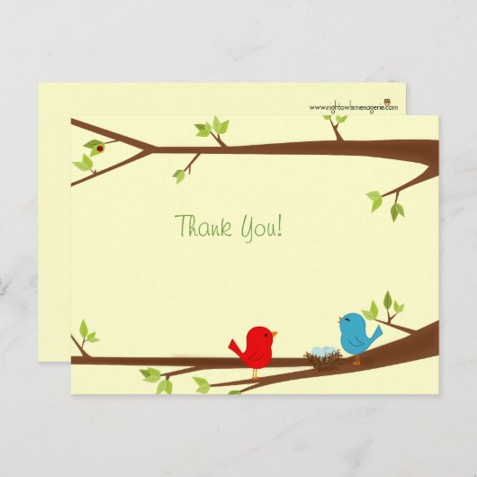 Birdies mit Nest Baby Dusche Danke Postcard Postkarte (Vorne/Hinten)