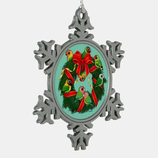 Birdorable Lovebirds Weihnachtskranz Schneeflocken Zinn-Ornament (Links)