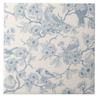 Birds and cherry blossom in blue and off white fliese