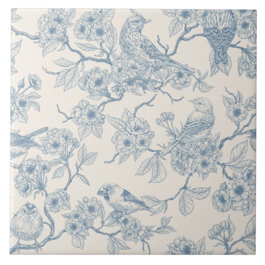 Birds and cherry blossom in blue and off white fliese (Vorderseite)
