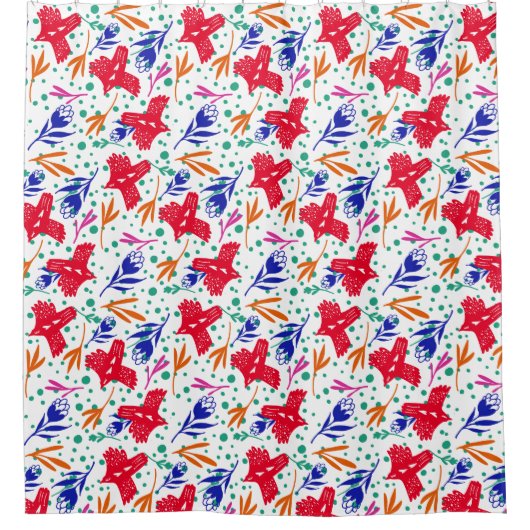 Birds and flowers in colorful pattern duschvorhang (Vorderseite)