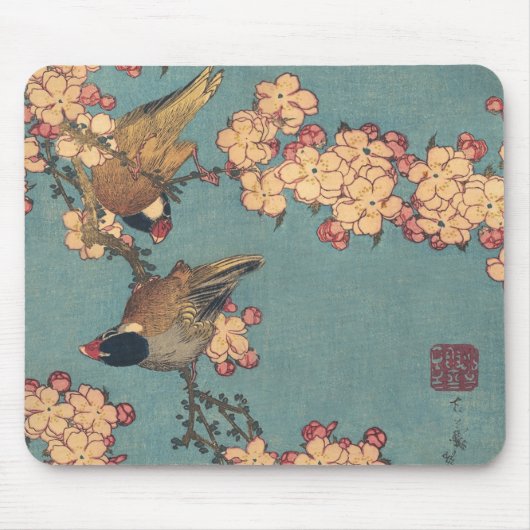 Birds and Flowers Japanese Art Pink Floral Mousepad (Vorne)