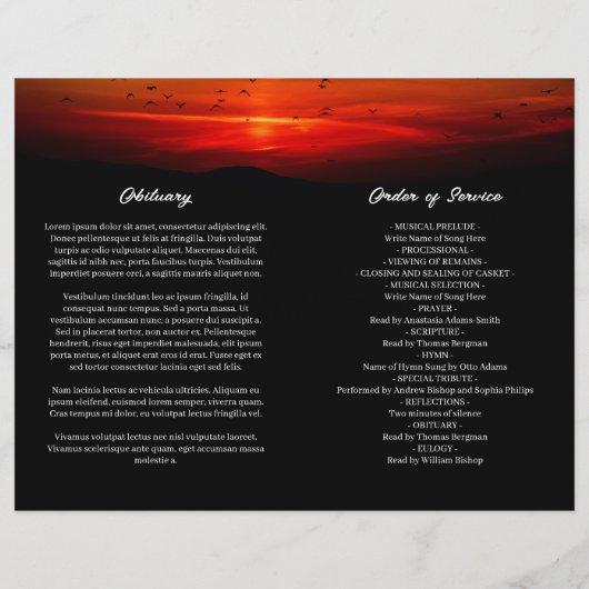 Birds at Sunrise Memorial Beerdigung Programm (Rückseite)