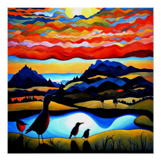 Birds at sunset 1 poster