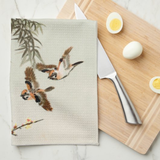 Birds Bamboo Asiatisch Japanisch Vintag Geschirrtuch (Viertel Falte)