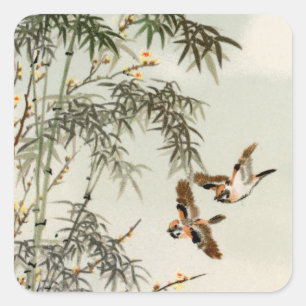 Birds Bamboo Asiatisch Japanisch Vintag Quadratischer Aufkleber