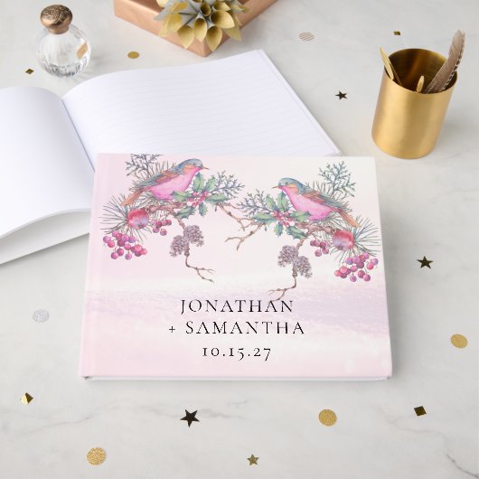 Birds & Berries Pinecone Watercolor Winter Wedding Gästebuch (Vorderseite Offen)