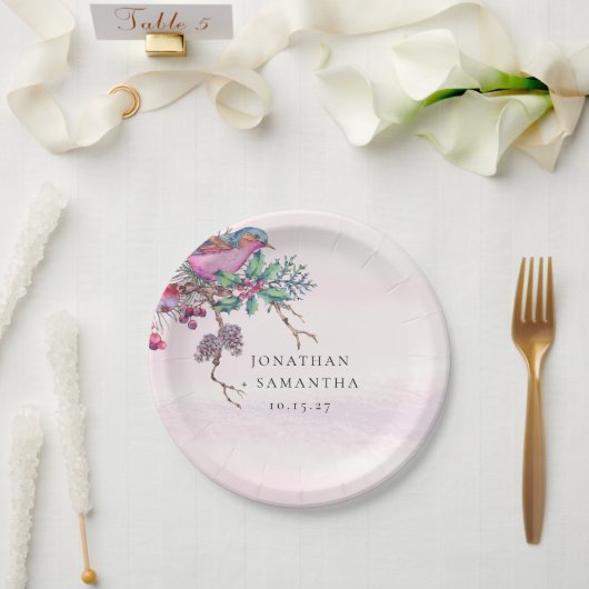 Birds & Berries Pinecone Watercolor Winter Wedding Pappteller (Hochzeit)