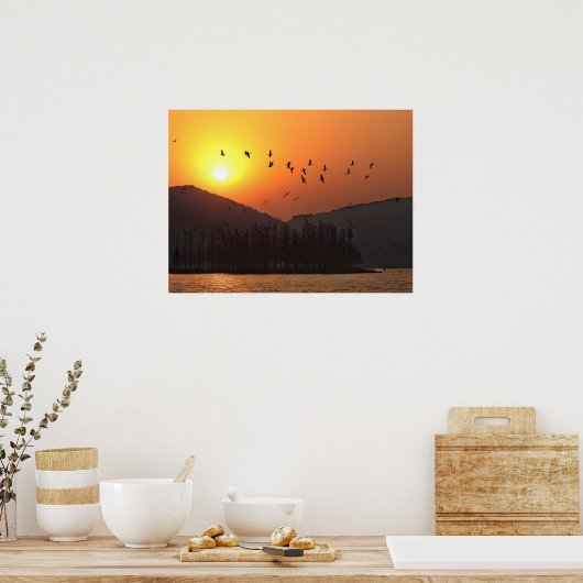 Birds Flying in Sunset Sky Over East Lake Poster (Küche)