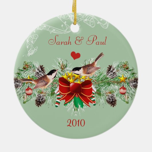 Birds Garland & Pinecones Weihnachts-Foto Keramik Ornament (Hinten)