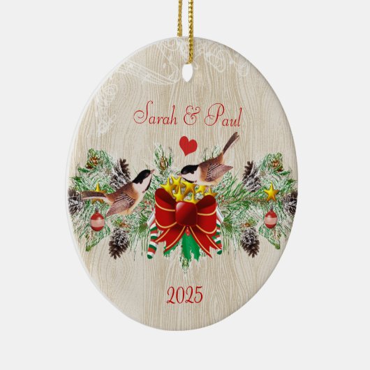 Birds Garland & Pinecones Weihnachts-Foto Keramik Ornament (Rechts)