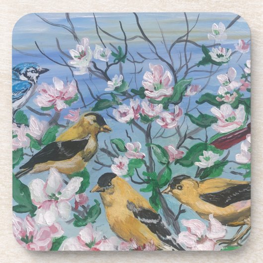 Birds-Gelbfinken blühen Getränkeuntersetzer (Vorderseite)