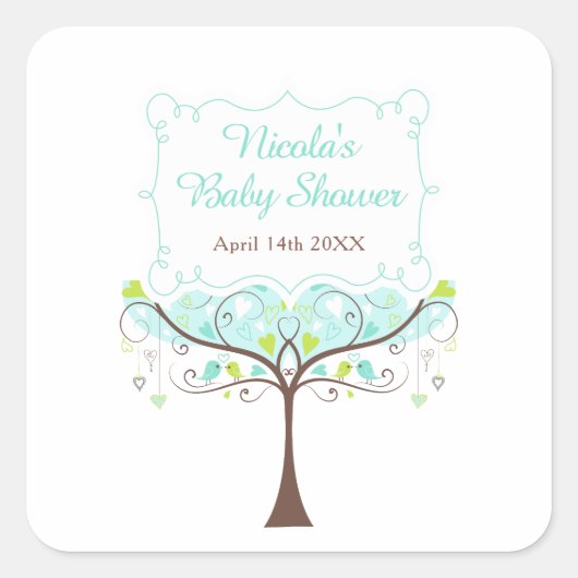 Birds Hearts Tree Blue and Green Baby Shower Quadratischer Aufkleber (Vorderseite)