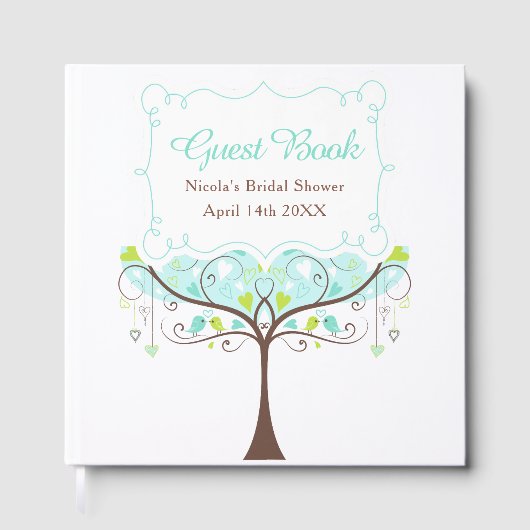Birds Hearts Tree Blue and Green Bridal Shower Gästebuch (Vorderseite)