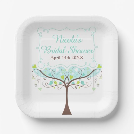 Birds Hearts Tree Blue and Green Bridal Shower Pappteller (Vorderseite)