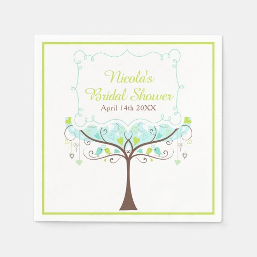 Birds Hearts Tree Blue and Green Bridal Shower Serviette (Vorderseite)
