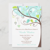 Birds Hearts Tree Blue und Green Baby Shower Einladung (Vorderseite)